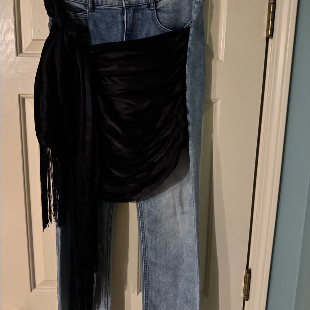 Designer Hellessy jeans with attached satin scarf
